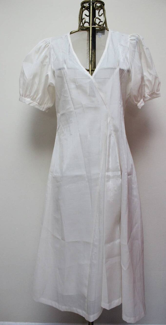 Wray Cream White Second Date Sheer Organza Asymmetrical Puff Sleeve Dress Large